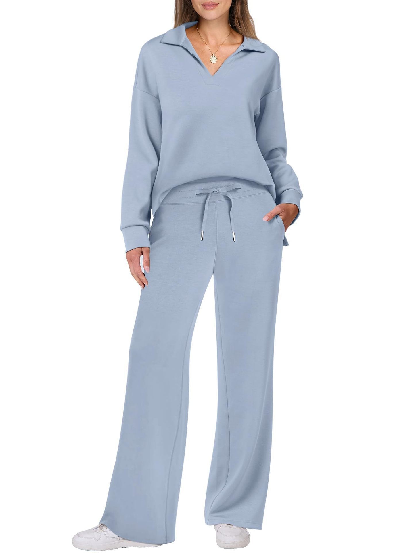 Women's Two-Piece Lounge Set with Polo Collar and V-Neck as well as Wide Drawstring Pants Chichicherry