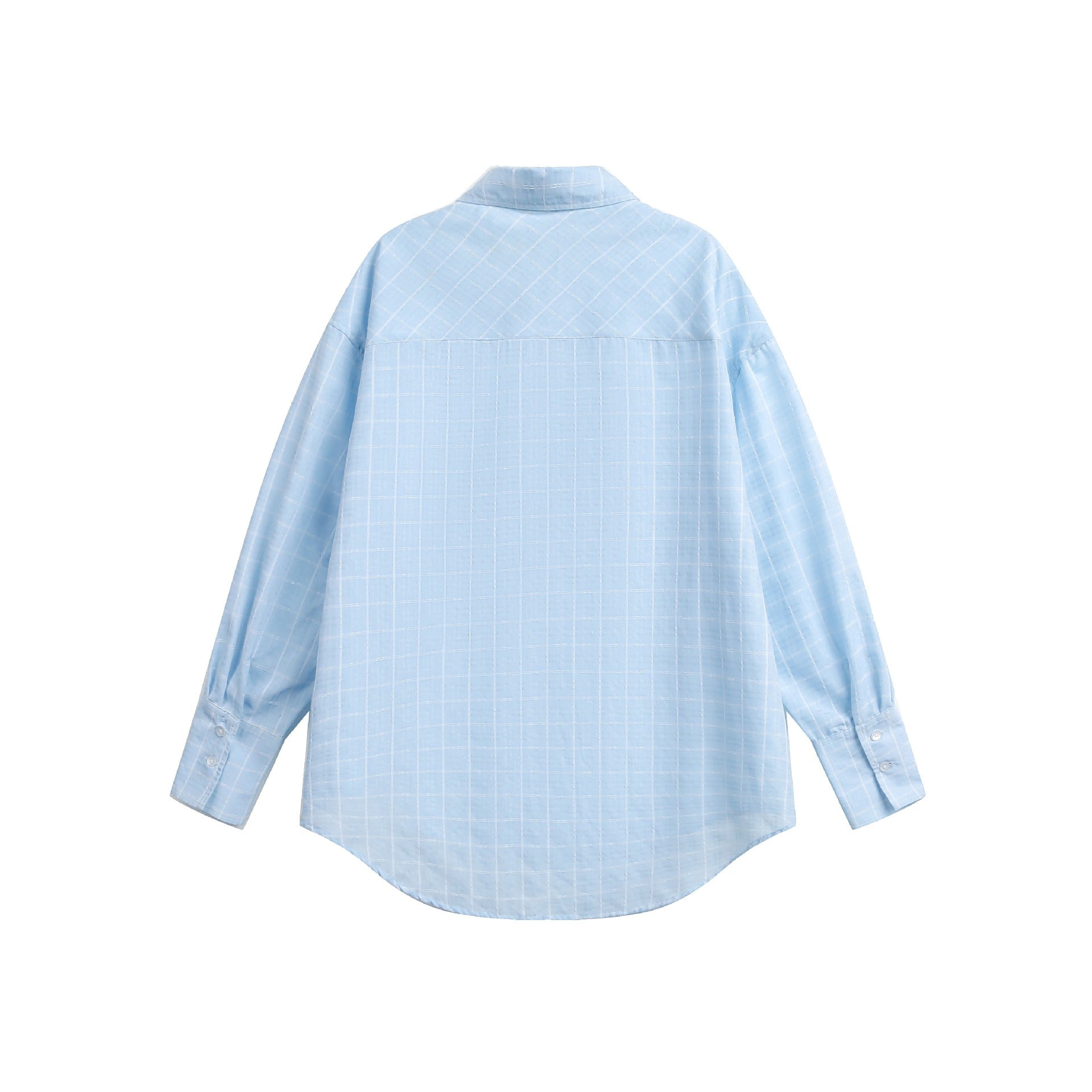 Women's oversized blouse with fine check pattern, drop shoulder and extended back part.
