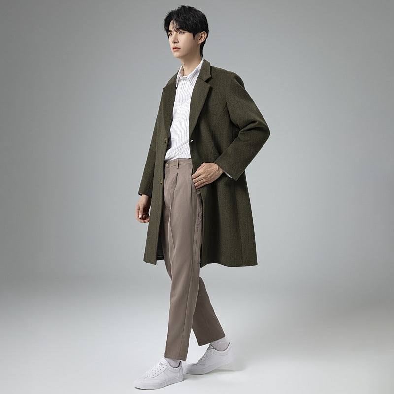Men's Elegant Longline Wool Coat with Minimalist Lapel and Tailored Silhouette Chichicherry