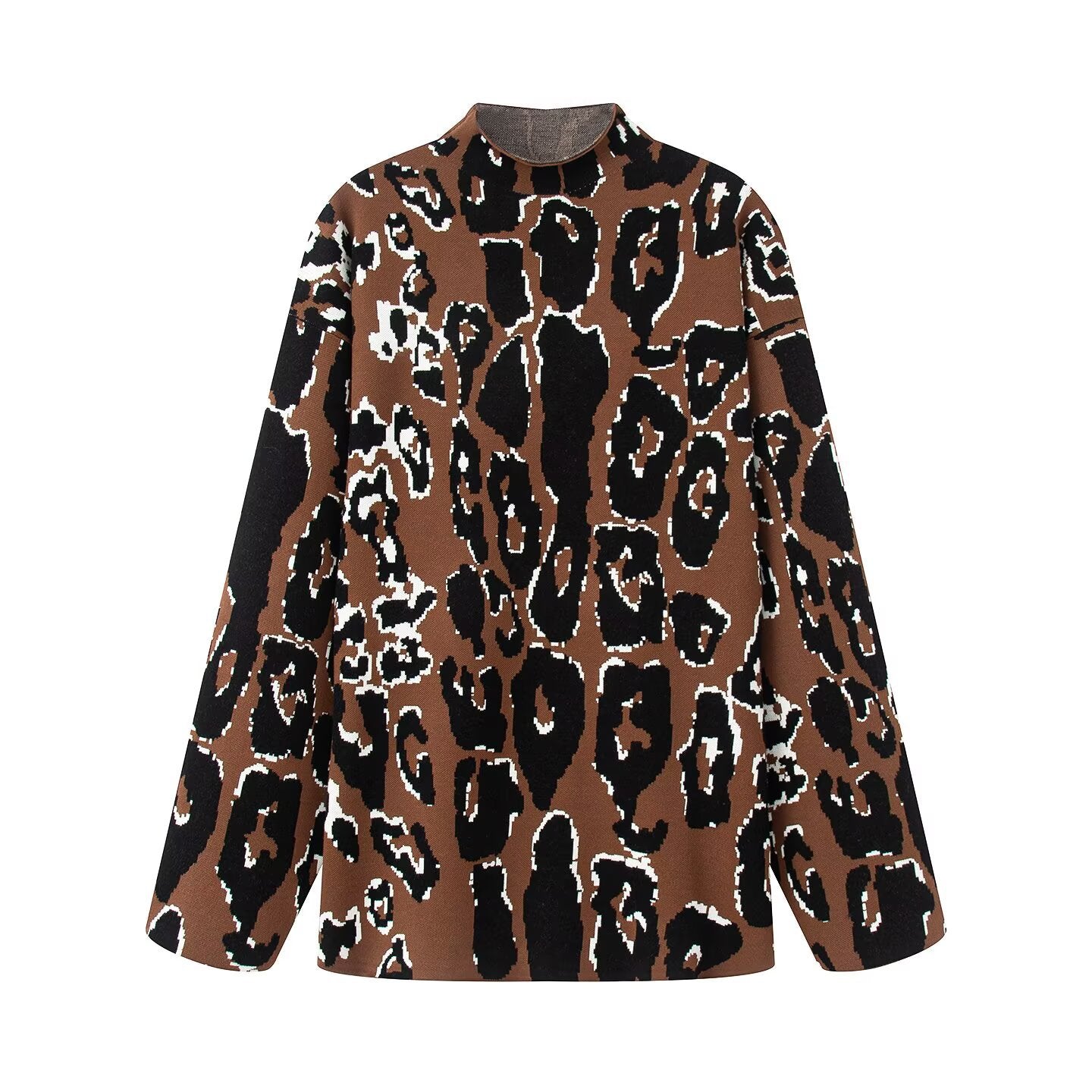 Ladies Oversized Knit Sweater with Stand-Up Collar and Jacquard Leopard Pattern Chichicherry