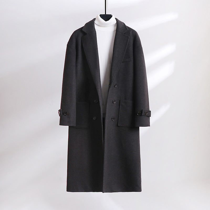 Men's Double-Breasted Wool Blend Long Coat with Notched Lapels and Flap Pockets Chichicherry