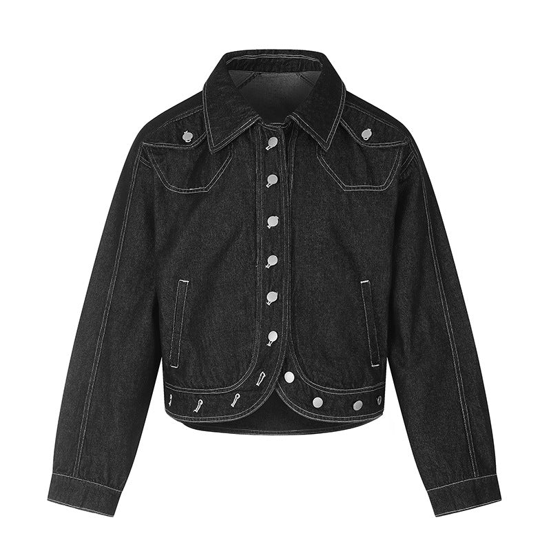 Women Cropped Denim Jacket in Western Look with Contrast Stitching and Metal Snap Buttons Chichicherry