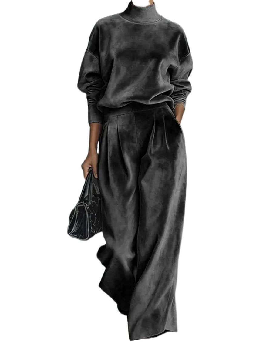 Women's Velvet Lounge Set with Turtleneck Sweater and Wide Pleated Pants Chichicherry