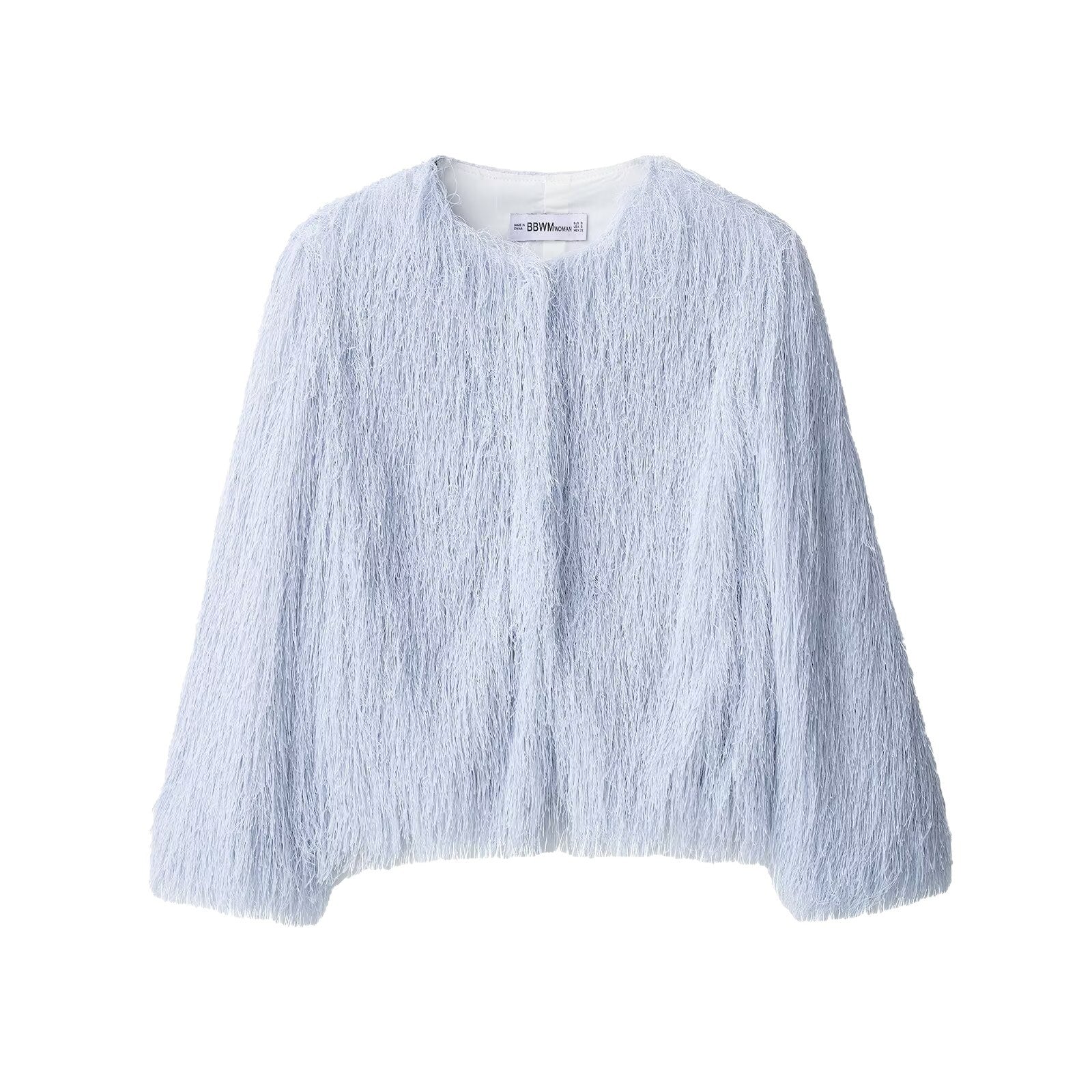 Women's Fluffy Fringe Jacket with Round Neckline and Boxy Cut Chichicherry