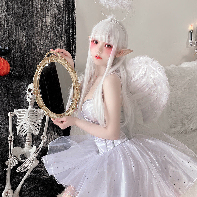 Women's Fantasy Angel Costume with Transparent Tulle Skirt and Sparkling Accents Chichicherry