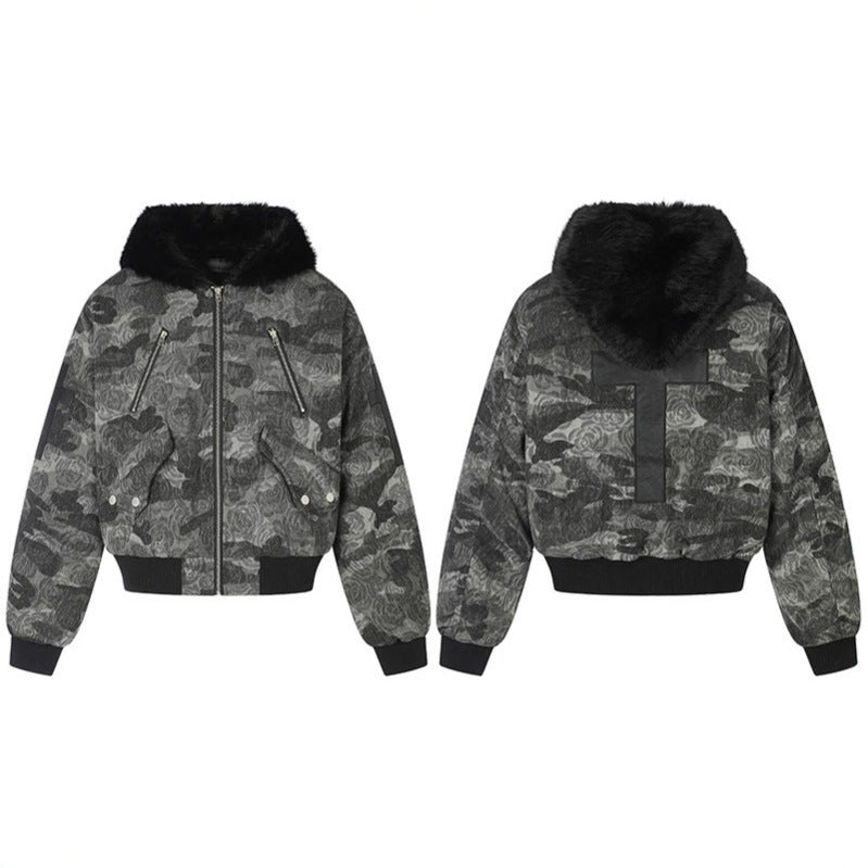 Ladies padded bomber jacket with faux fur hood, rose jacquard and zipper details Chichicherry