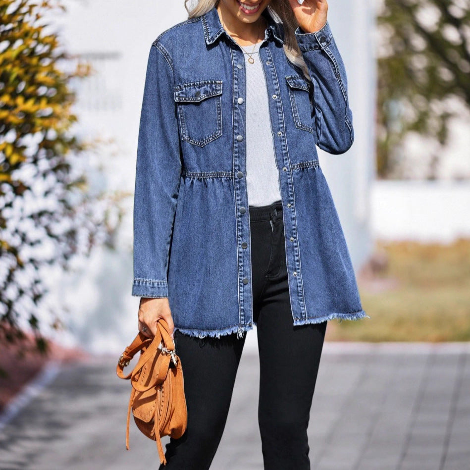 Women's tailored longline denim jacket with gathered waist, snap-button placket & frayed hem Chichicherry