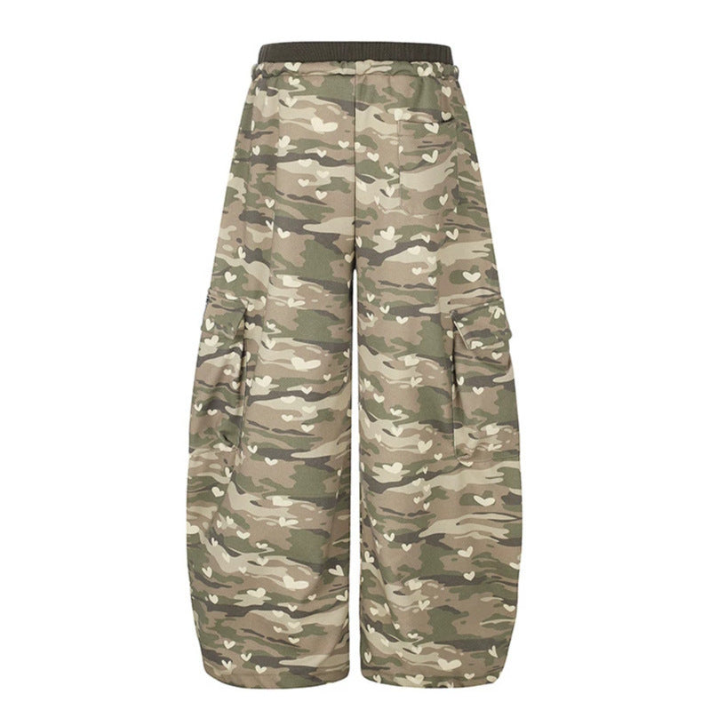 Women's Wide Cargo Pants with Heart Camouflage, Drawstring Waistband and Generous Pockets Chichicherry