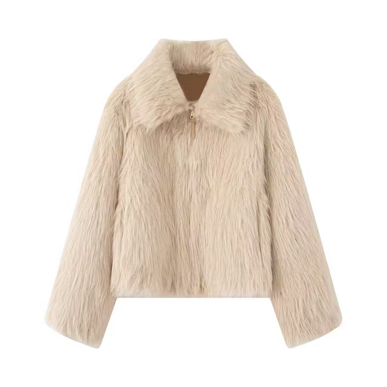 Women Short Faux Fur Cropped Jacket with Voluminous Shawl Collar and Front Zipper Chichicherry