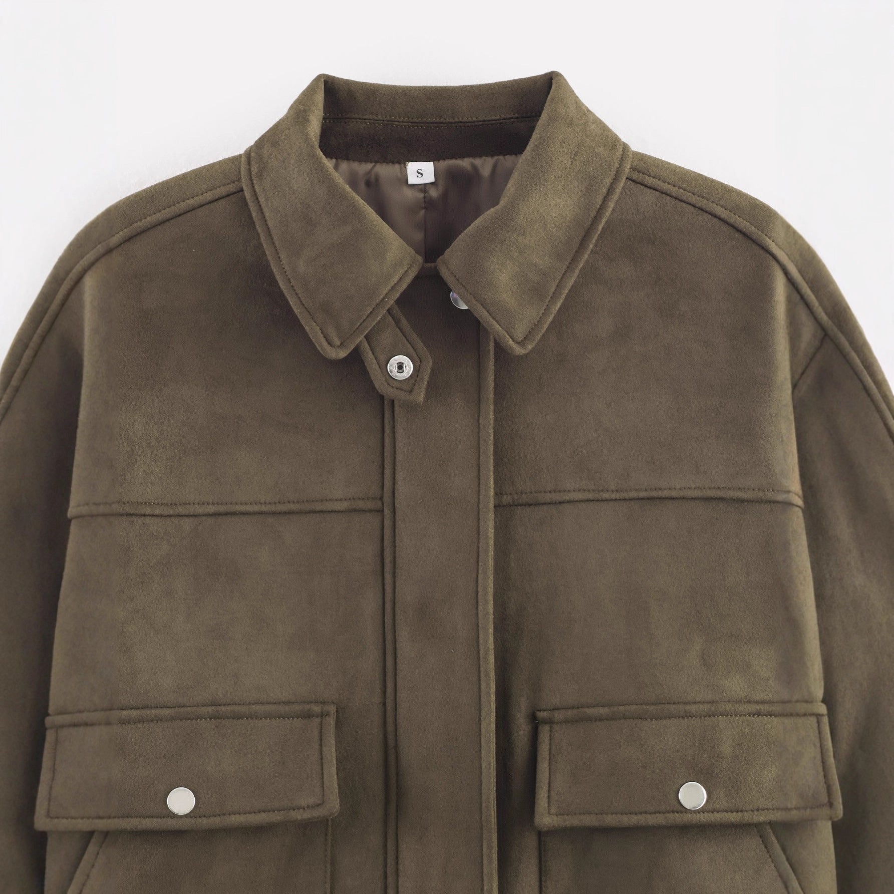 Women's Short Cut Suede Look Utility Jacket with Flap Pockets Chichicherry
