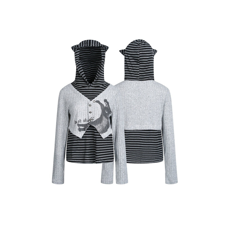 Women's Layered Look Hoodie with Striped Bottom and Short Ribbed Bolero Chichicherry