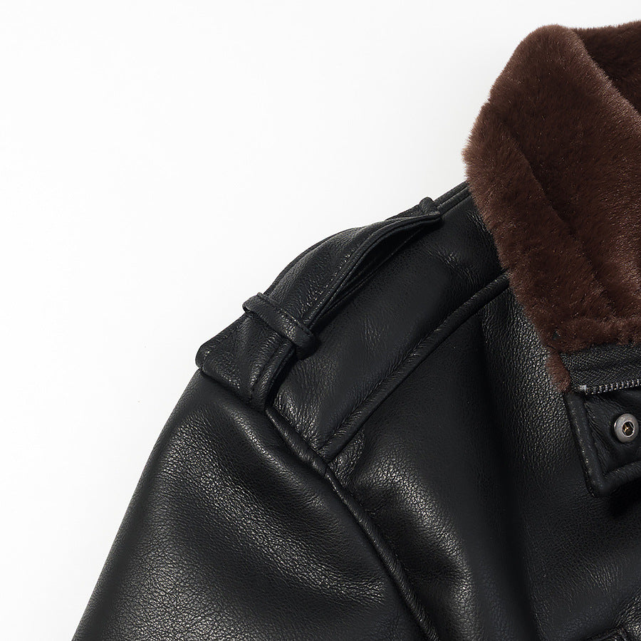 Women's Short Cut Bomber Jacket made of Faux Leather with Teddy Lining, Notched Collar and Rollable Cuffs Chichicherry