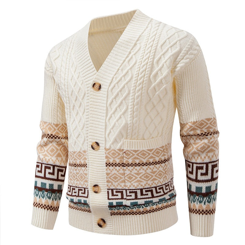 Men's knitted cardigan with cable pattern, jacquard cuffs, and button closure Chichicherry