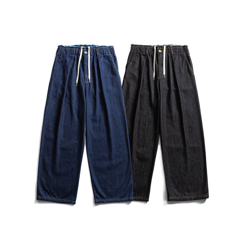 Men's Loose Denim Pants with Elastic Drawstring Waistband and Pleats Chichicherry