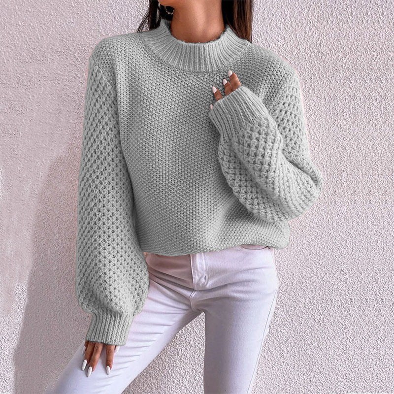 Women's Short-Cut Chunky Knit Sweater with Voluminous Mesh-Structure Sleeves and Stand-Up Collar Chichicherry