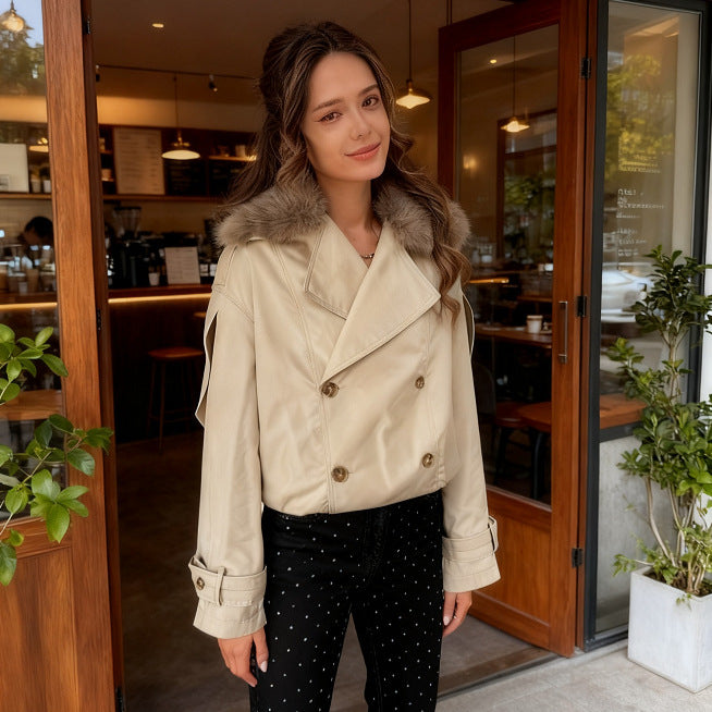 Women's double-breasted blouson with removable faux fur collar, waist drawstring and adjustable cuffs Chichicherry