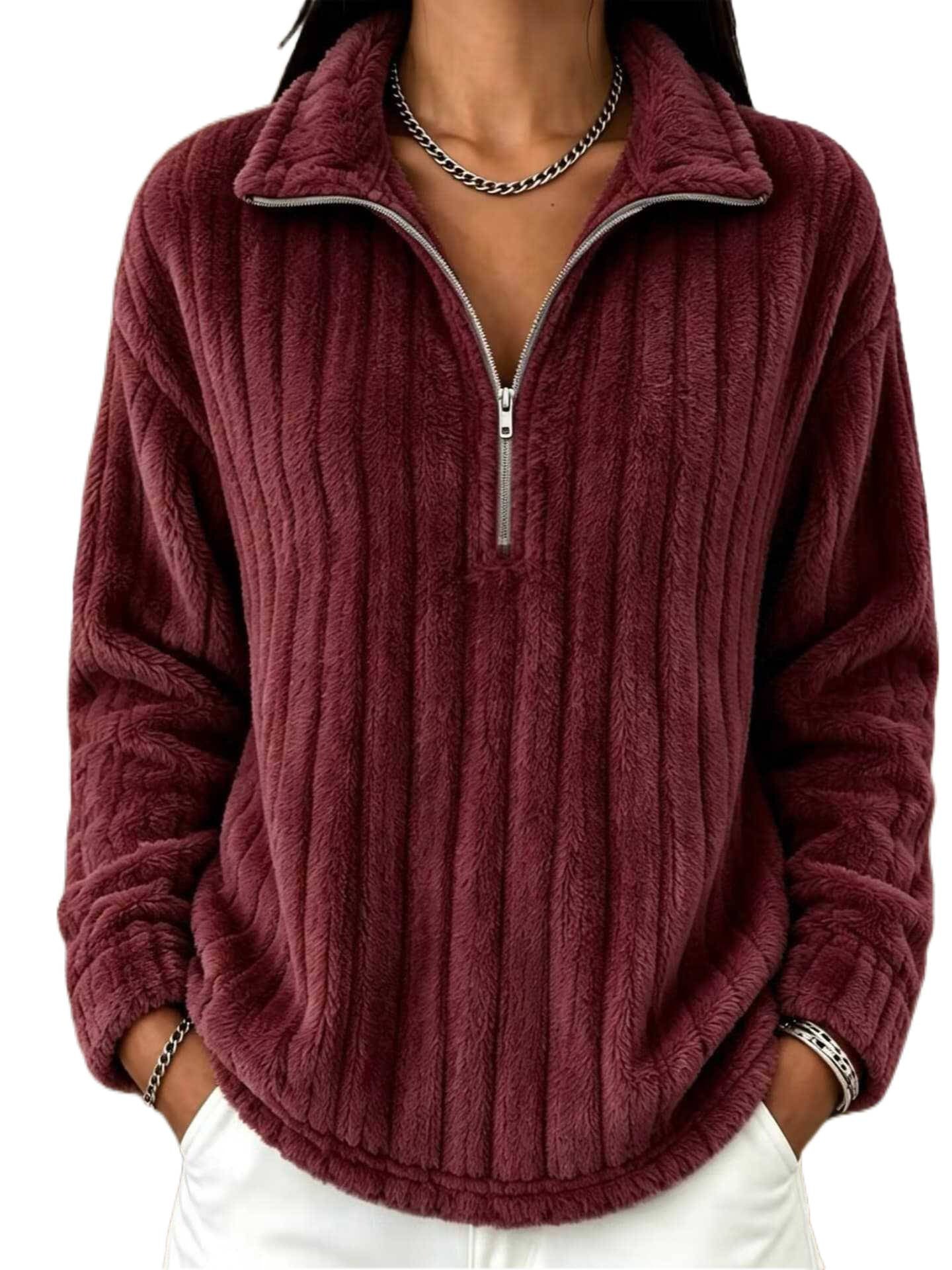 Women's Cozy Plush Half-Zip Pullover with Stand-Up Collar Chichicherry