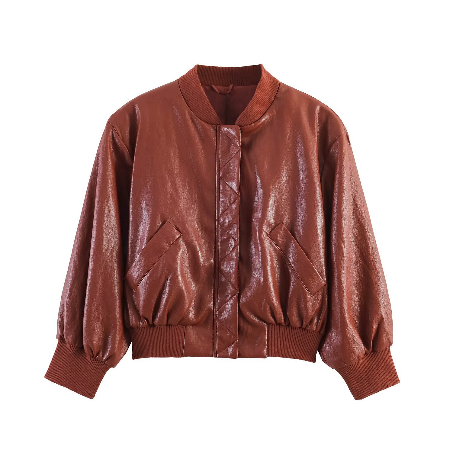Women's Shiny Faux Leather Bomber Jacket with Ribbed Collar, Concealed Snap Button Placket and Kangaroo Pockets Chichicherry