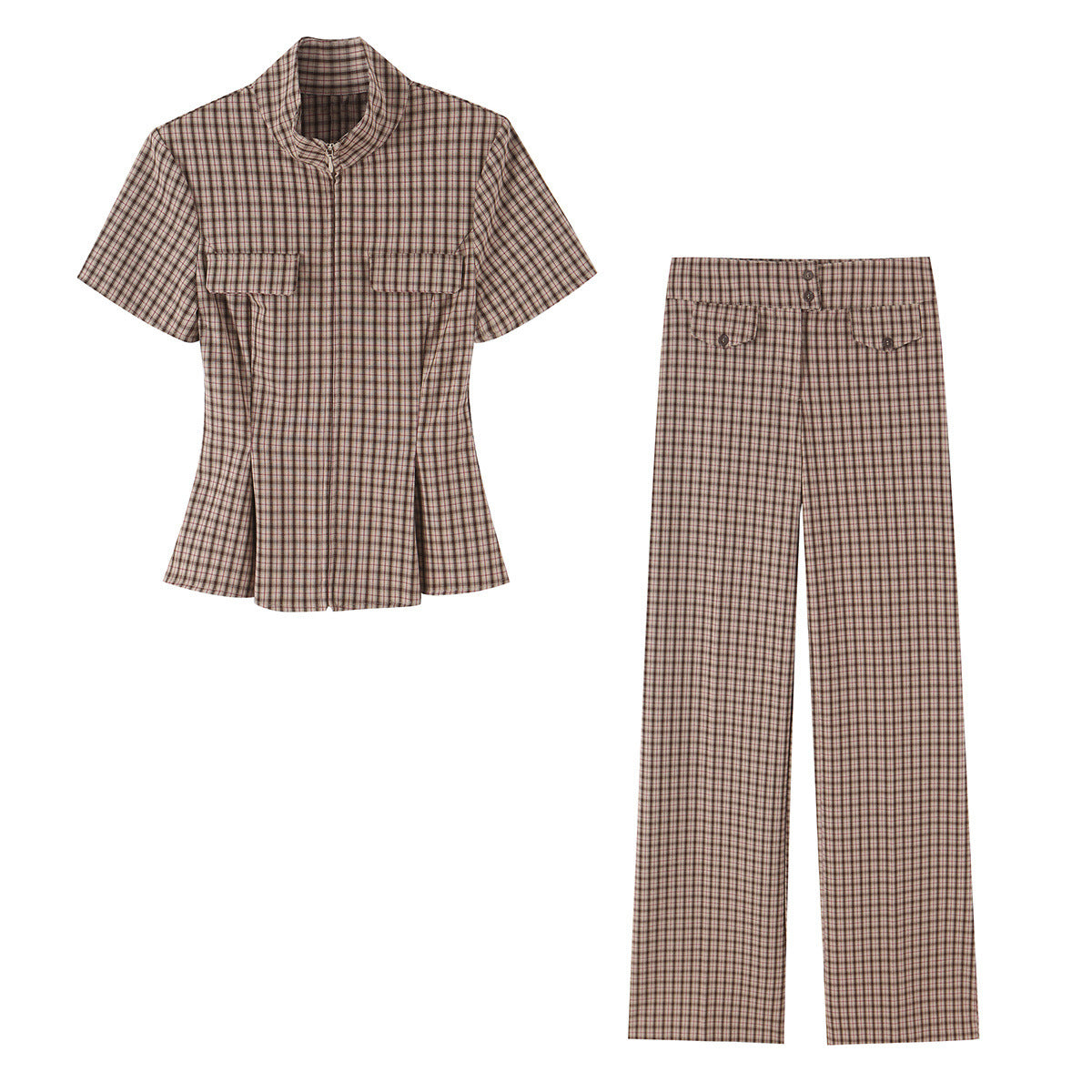 Women High-waisted wide fabric pants with check pattern and decorative flaps Chichicherry