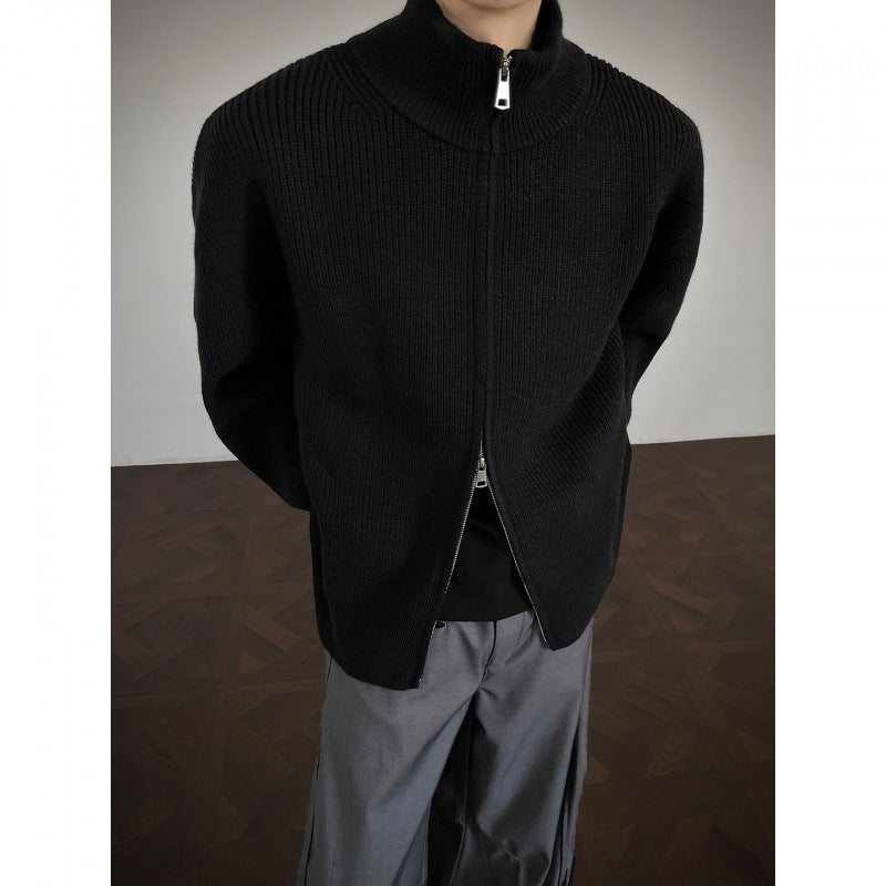 Unisex Grobstrick-Zipjacke mit Stehkragen und Zwei-Wege-Reißverschluss Chichicherry