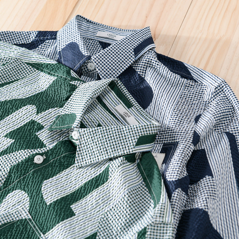 Men's Loose Patterned Cotton Overshirt with Crinkle Structure Chichicherry