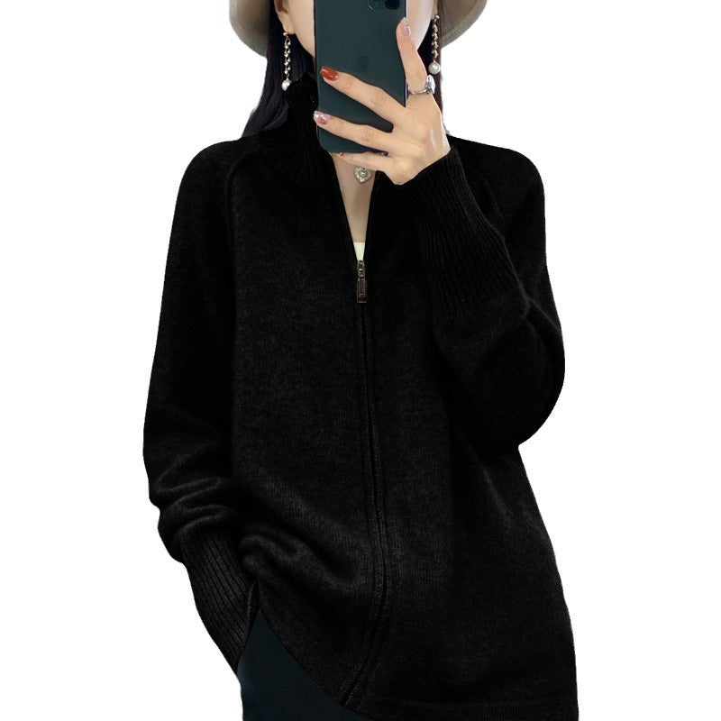 Women’s zip cardigan in cashmere look with stand-up collar and ribbed cuffs Chichicherry