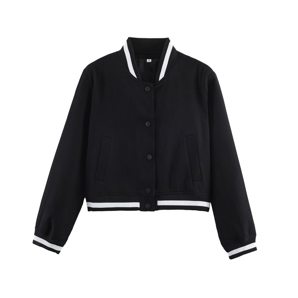 Women's short-cut college bomber jacket with ribbed striped collar and snap button placket Chichicherry