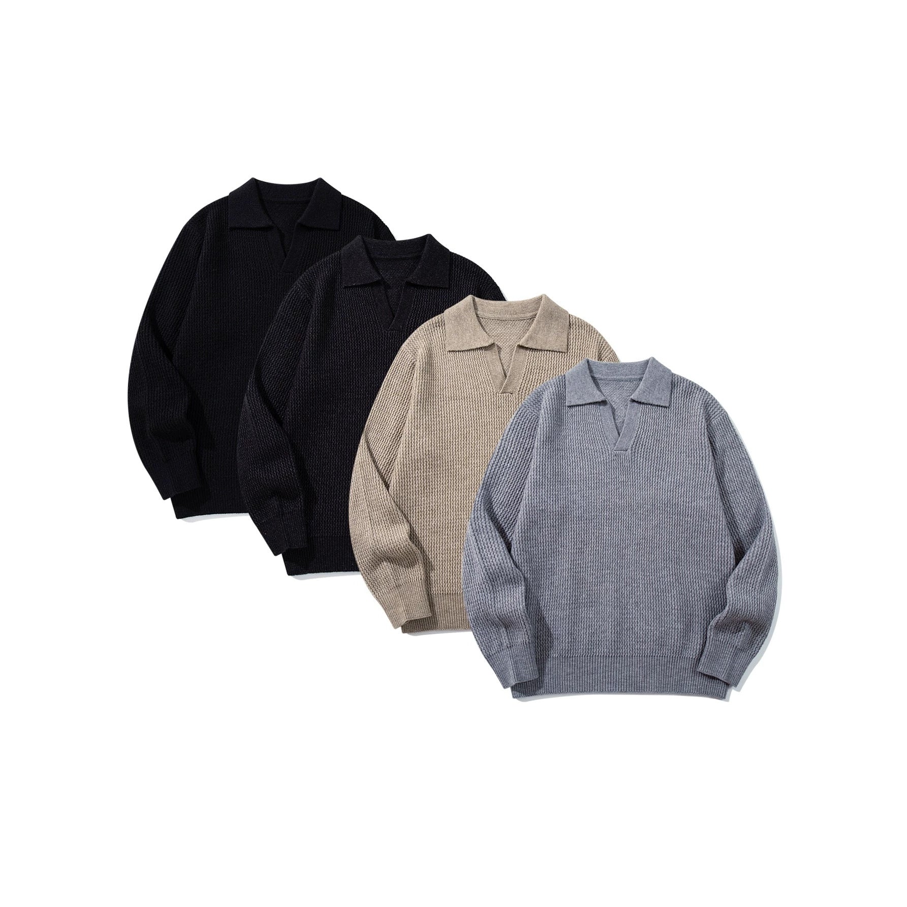 Men's Chunky Knit Polo Collar Sweater with V-Neck and Ribbed Cuffs Chichicherry