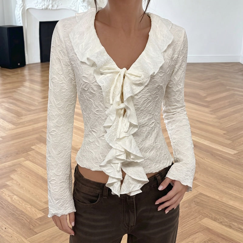 Women's ruffle blouse made of structured jersey with V-neck and tie bow Chichicherry