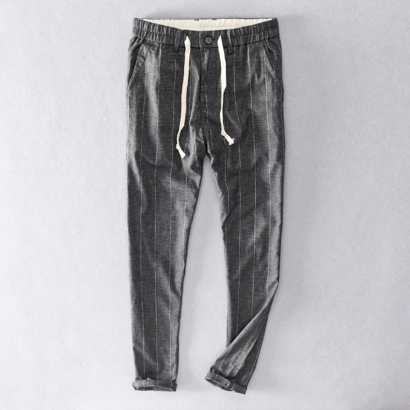 Men's casual pants with elastic waistband and drawstring tapered pinstriped look Chichicherry