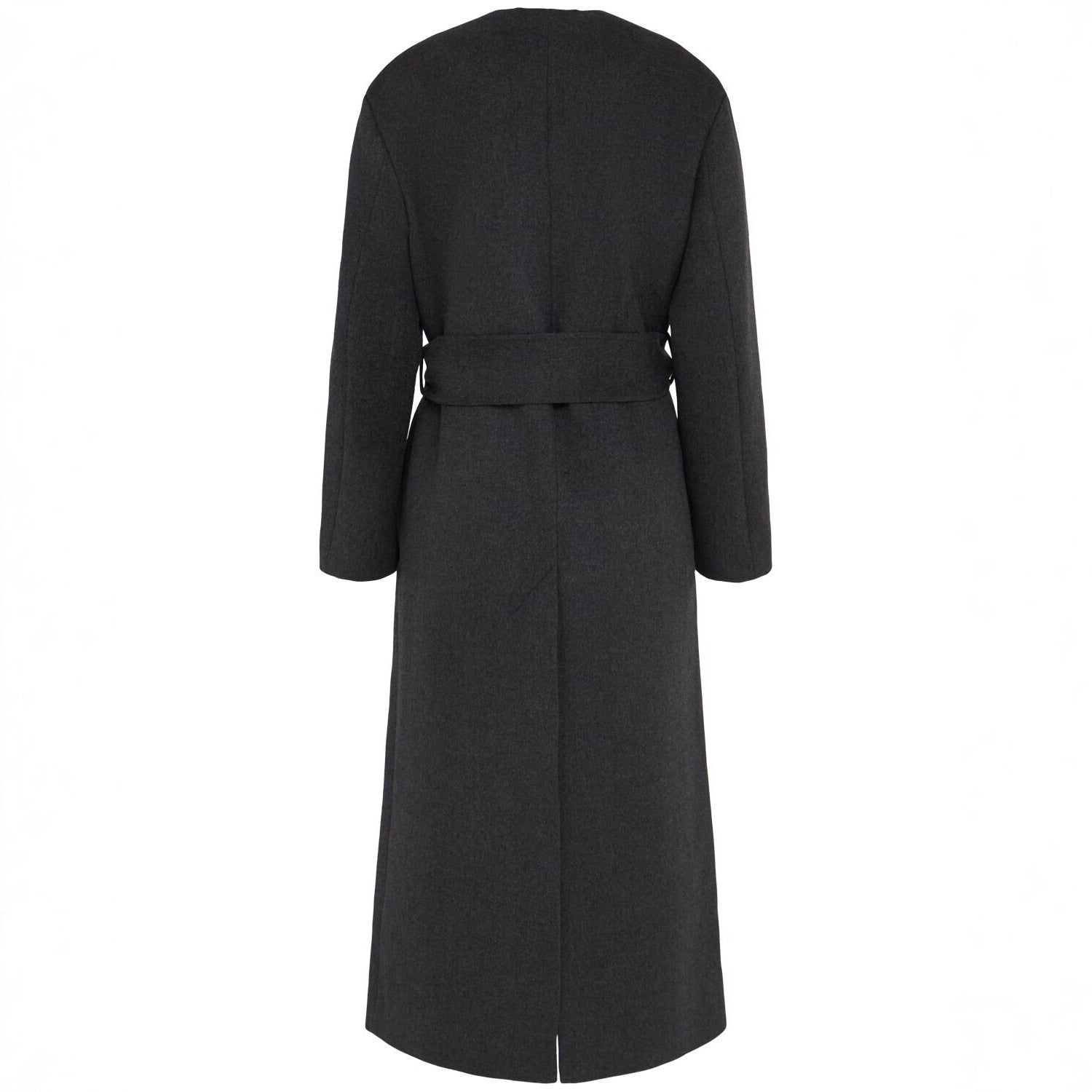 Women's Long Wool Coat with Tie Belt and V-Neck Chichicherry