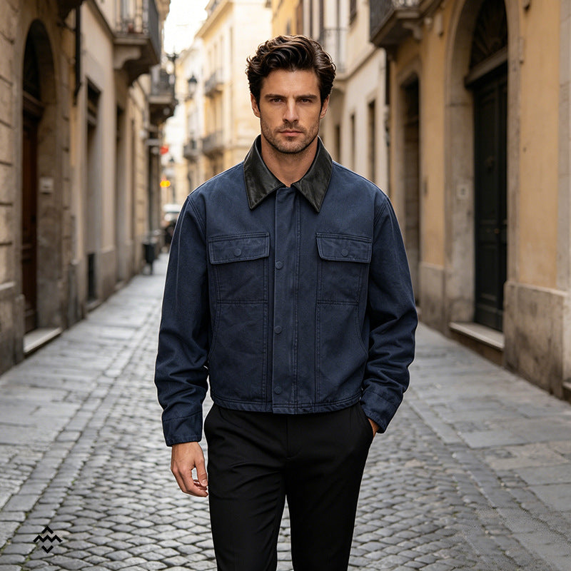 Men's canvas field jacket in overshirt look with leather collar and patch pockets Chichicherry