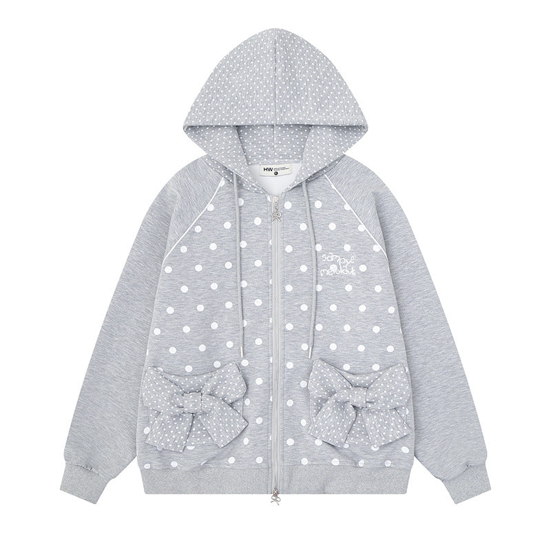Women Polka Dot Zip Hooded Jacket with Bow Pockets and Raglan Sleeves Chichicherry