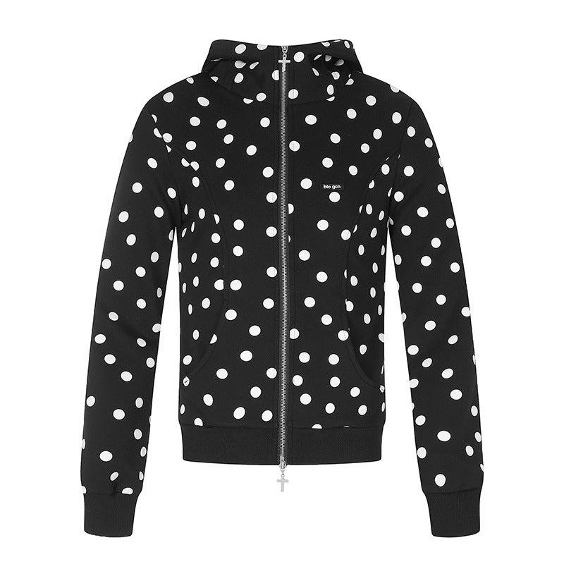 Women's Figure-Hugging Hooded Sweat Jacket with Polka Dot Pattern, Metal Front Zipper and Kangaroo Pockets Chichicherry