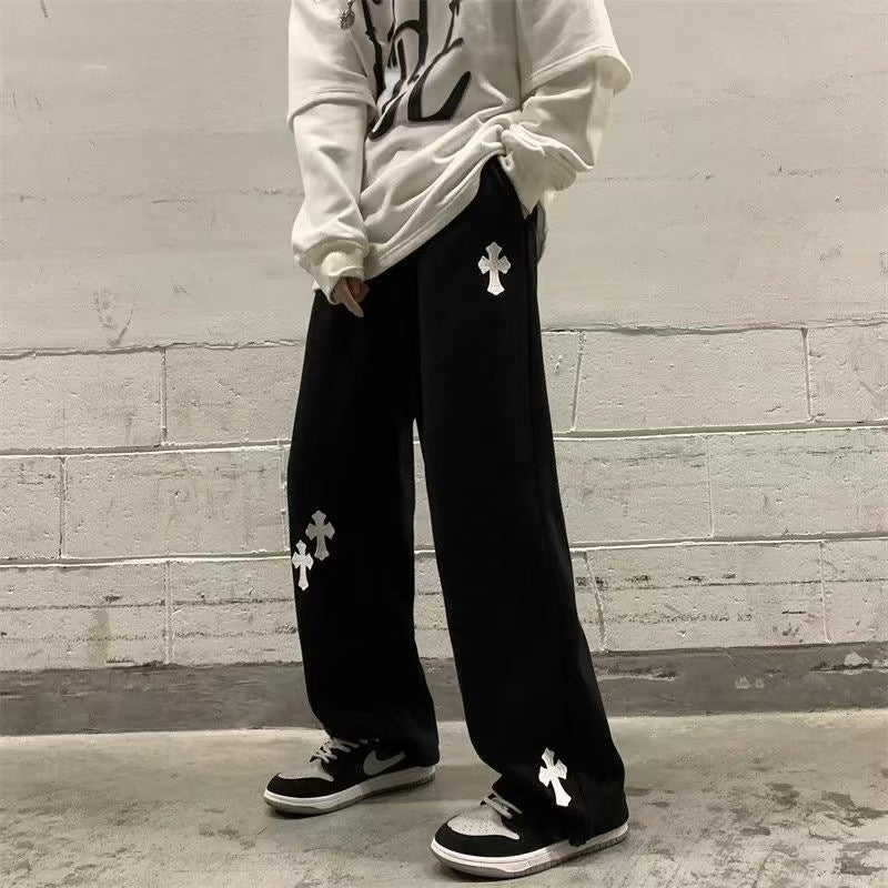 Men's Loose Sweatpants with Gothic Cross Print, Drawstring & Drop Crotch Chichicherry
