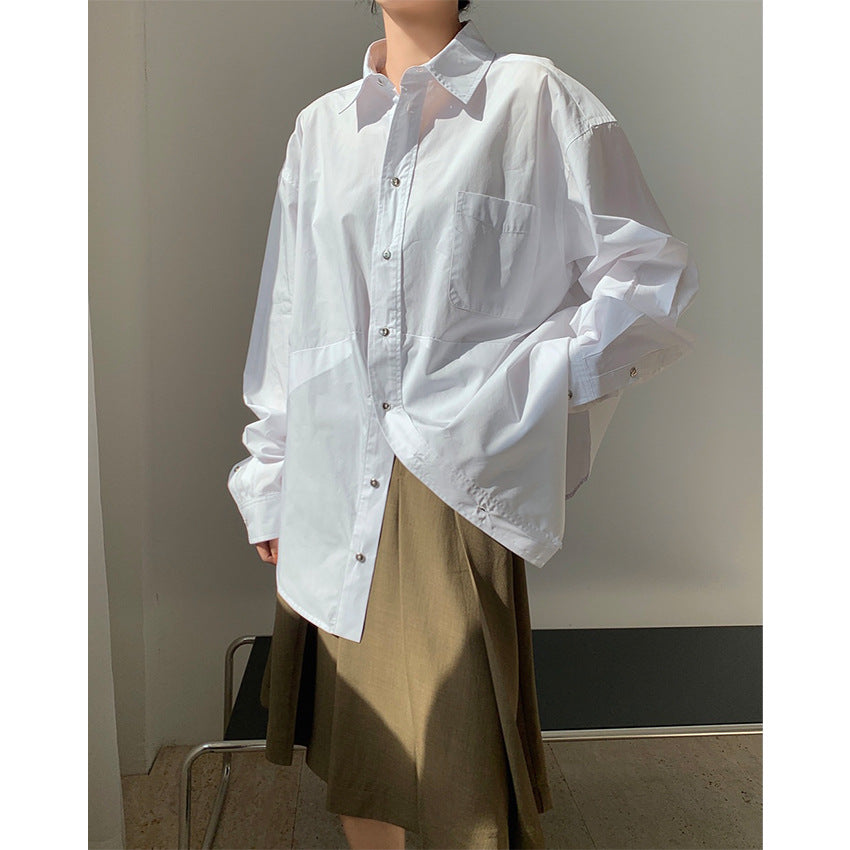 Women's Oversize Longline Shirt with Asymmetrical Hem and Boxy Poplin Silhouette Chichicherry
