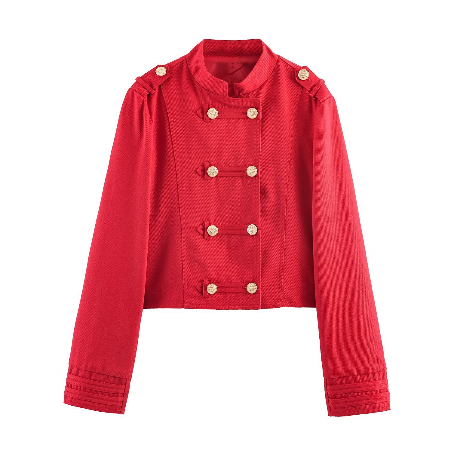 Women's Short Military-Inspired Jacket with Stand Collar and Decorative Buttons Chichicherry