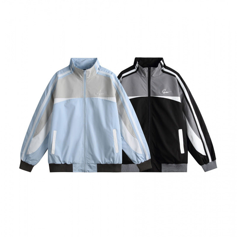 Unisex Lightweight Retro Track Jacket with Stand Collar, Contrasting Stripes and Ribbed Cuffs Chichicherry