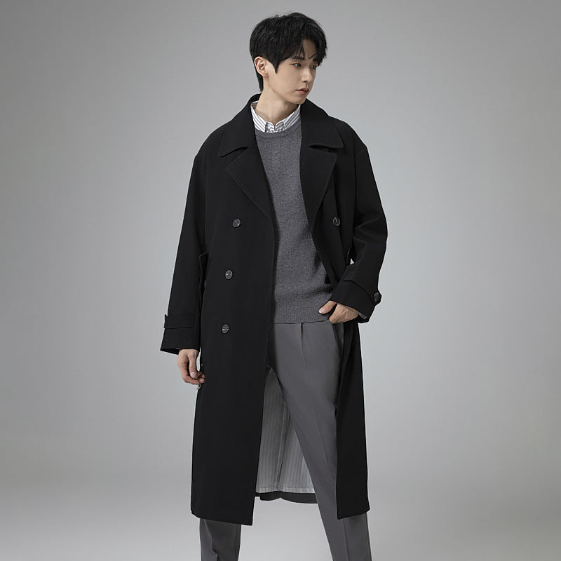 Men's Maxi-Length Trench Coat with Shaping Belt and Minimalist Silhouette Chichicherry