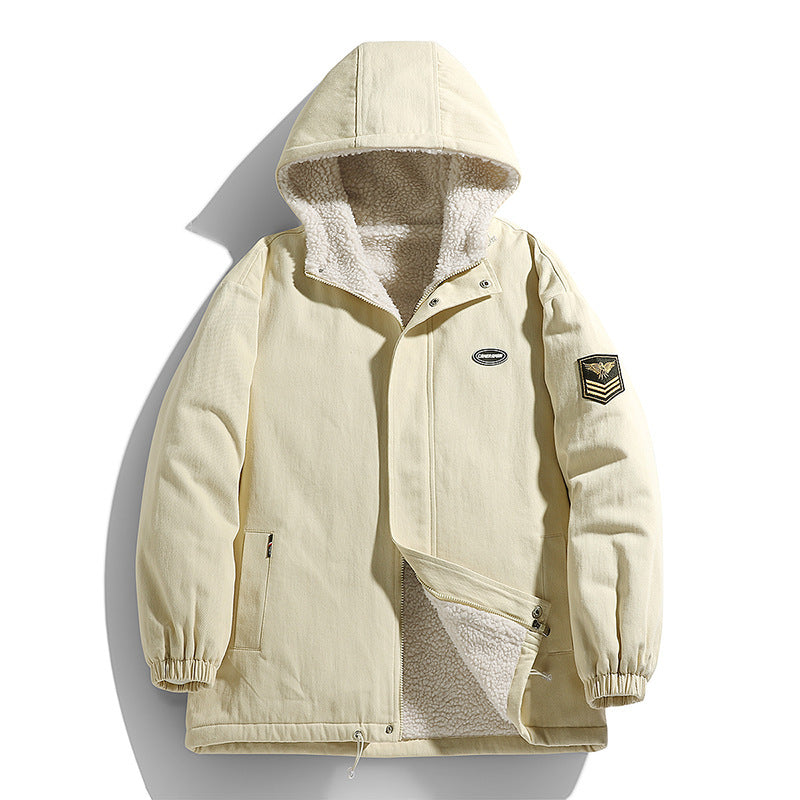 Men's Hooded Canvas Parka with Teddy Fleece Lining and Military Patch Chichicherry