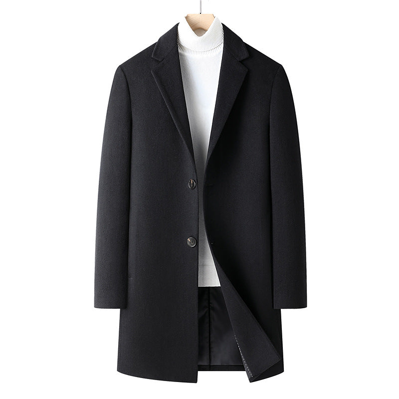 Men's Single-breasted Wool Blend Overcoat with Narrow Lapels and Slim Fit Chichicherry