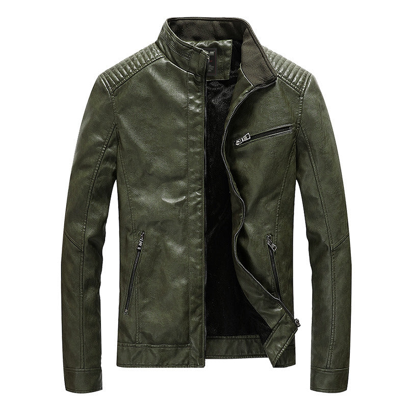 Men's Faux Leather Moto Jacket with Stand Collar, Quilted Shoulders and Warm Inner Lining Chichicherry