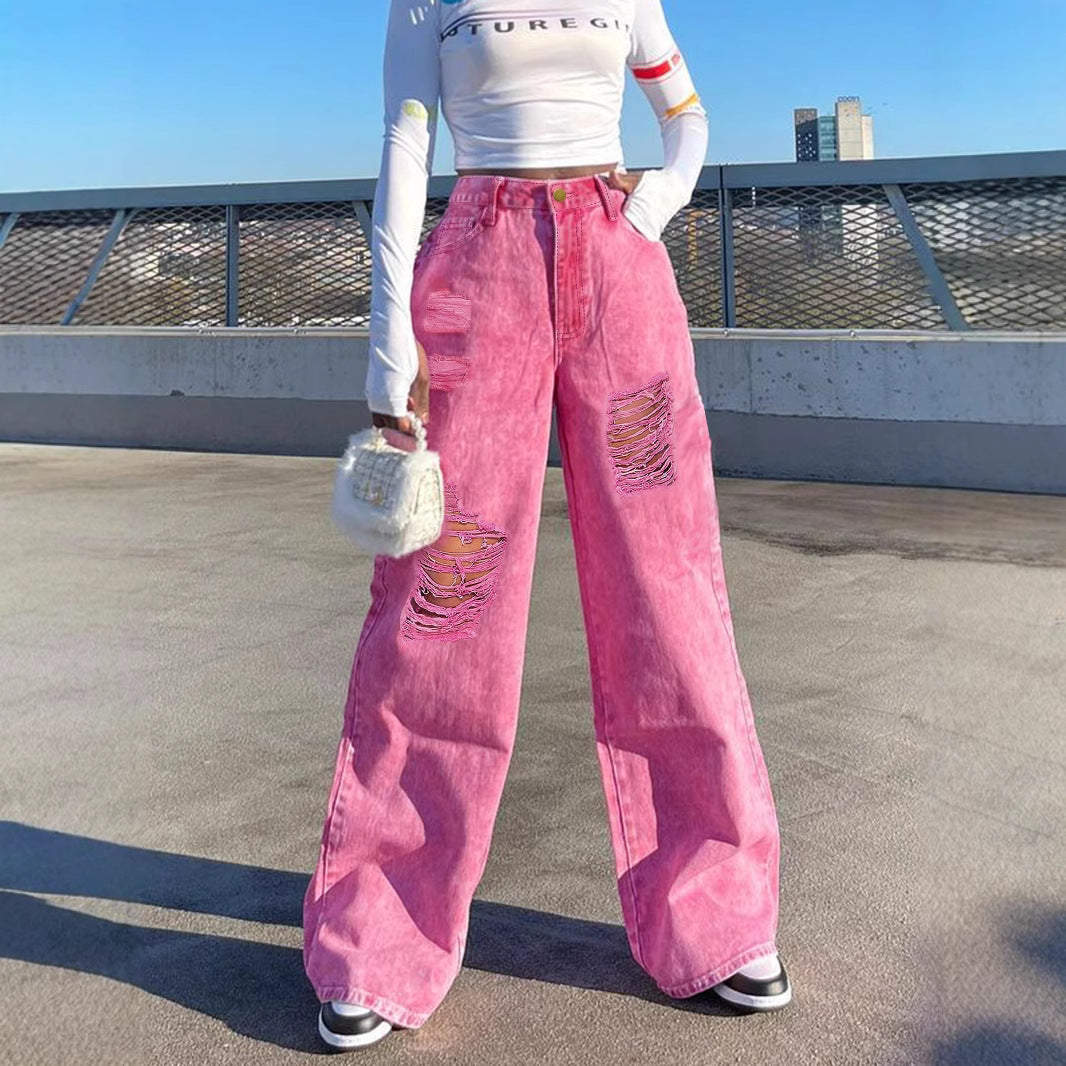 Women High-Waisted Wide Denim Palazzo Pants with Eye-Catching Ripped Inserts Chichicherry