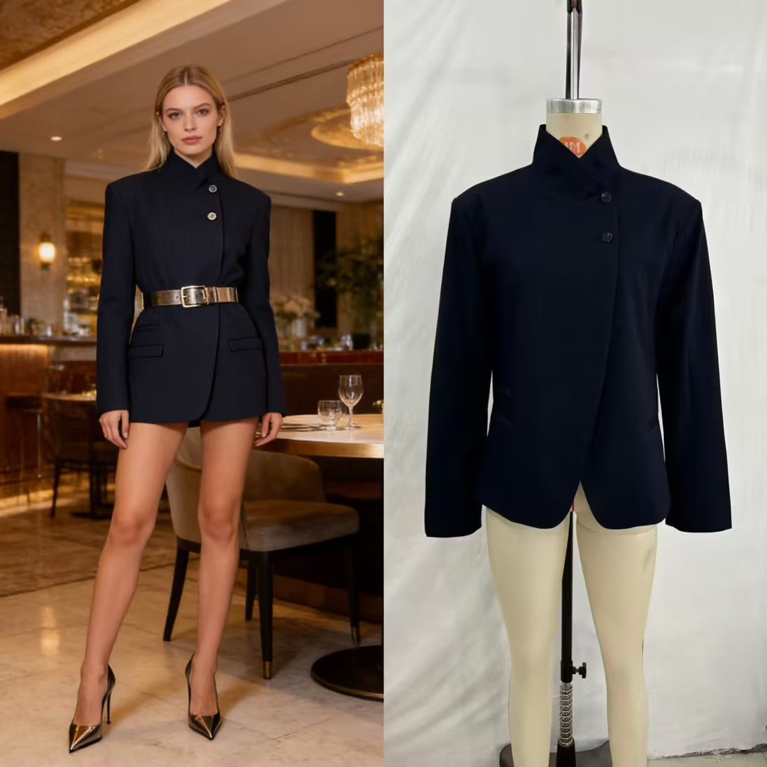 Women's tailored blazer with stand-up collar and asymmetrical button placket Chichicherry