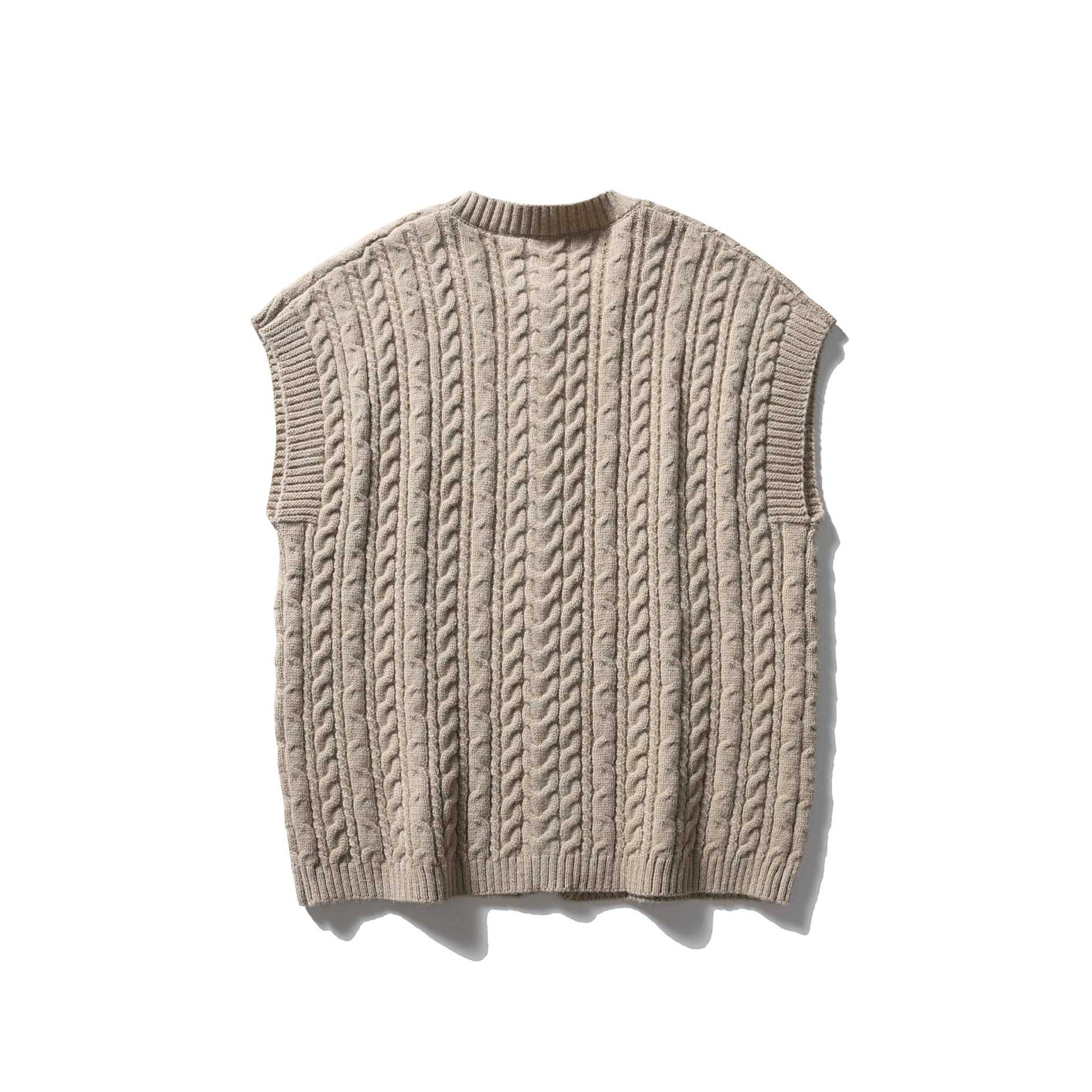 Women's Sleeveless Cable Knit Vest with Wooden Buttons and Ribbed Hem Chichicherry
