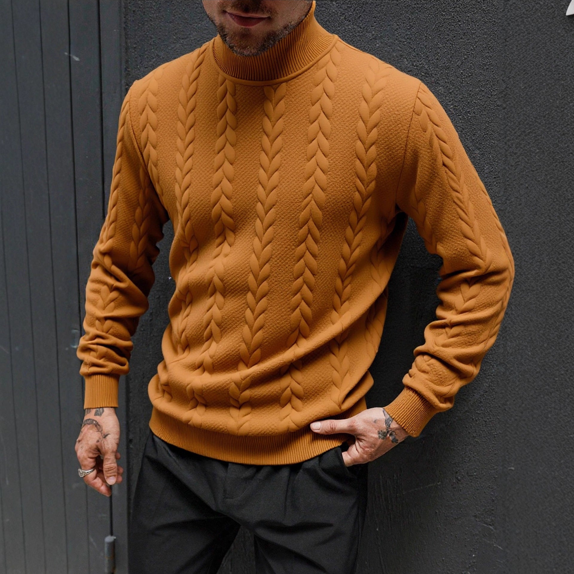 Men's chunky-knit turtleneck sweater with cable pattern and ribbed cuffs Chichicherry