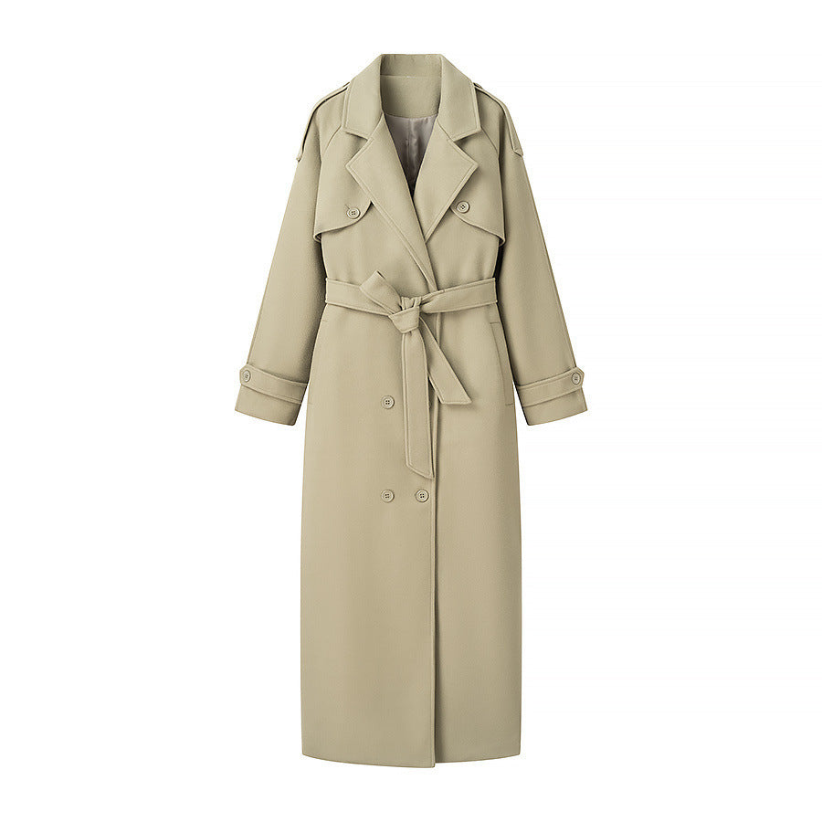 Women's Oversize Long Coat in Trench Coat Style with Double-Breasted Button Placket and Shoulder Epaulettes Chichicherry