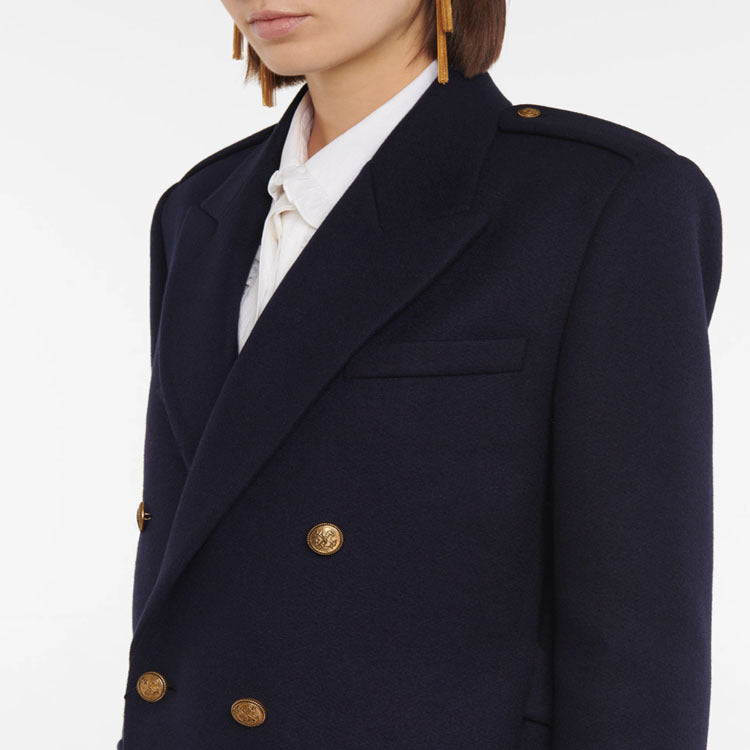 Women Double-breasted Wool Blend Long Coat with Epaulettes and Structured Tailoring Silhouette Chichicherry