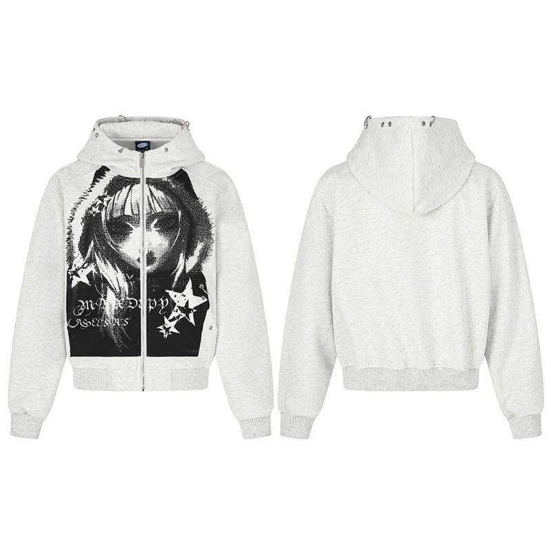 Ladies Hooded Sweat Jacket with Photorealistic Manga Front Print, Fleece Lining and Full Zip Chichicherry