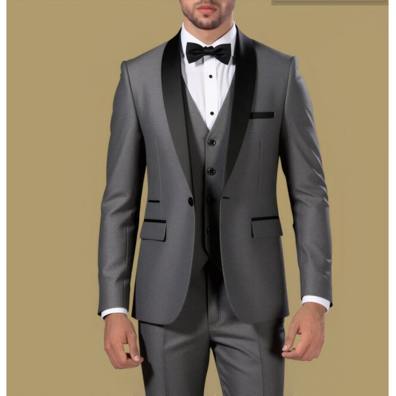 Men's Tailored Three-Piece Tuxedo with Shawl Collar and Satin Lapel Chichicherry